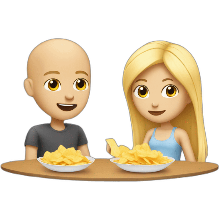 cute blonde girl with her bald boyfriend eating chips emoji