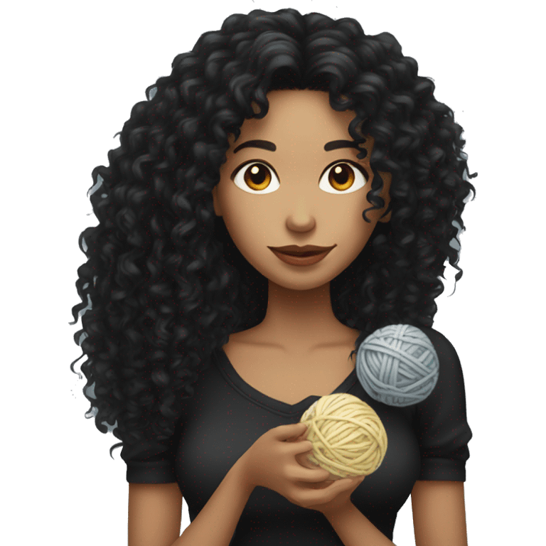 woman with long black curly hair holding a ball of yarn wearing black clothes emoji