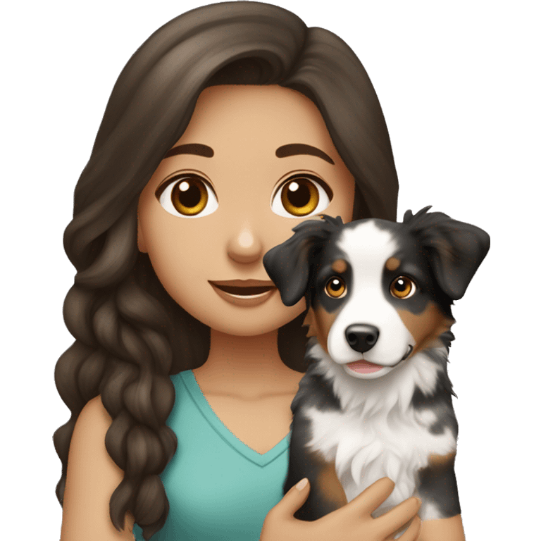 Brunette long hair light tan girl with black and white Australian shepherd puppy emoji