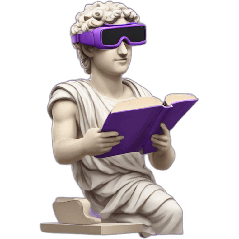 an EMOJI OF A ancient young greek statue reading a book, wearing VR glasses, purple colors, DIGITAL UNIVERSE emoji