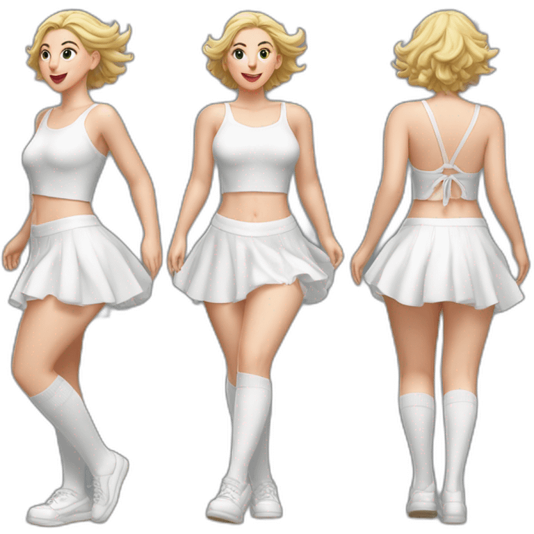 Hyperrealistic Full body Caucasian curvy beauty jumping short white skirt back and front views strong wind knickers long white socks emoji