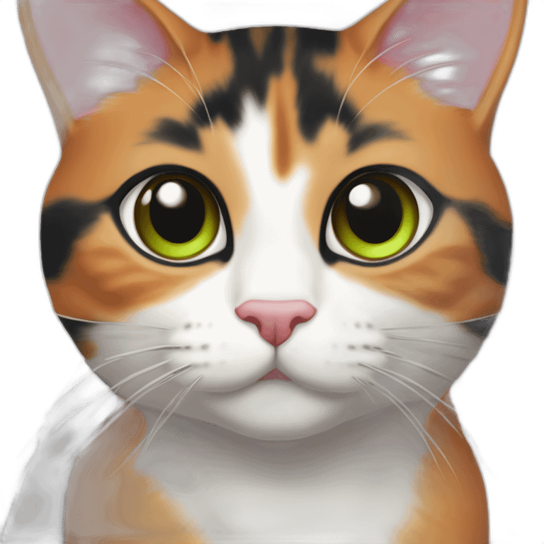 young striped calico cat face with a pink nose, white chin, green eyes, and orange/brown markings, orange tip on one ear emoji