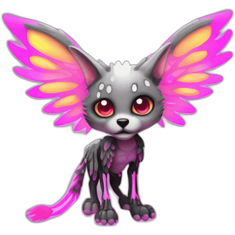 Coyote ocelot standing with grey and black fur and phoenix wings on back and pink ears half skeleton zombie, neon lights emoji