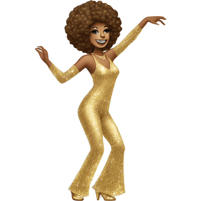 White 70s disco queen woman dancing in glitter jumpsuit emoji