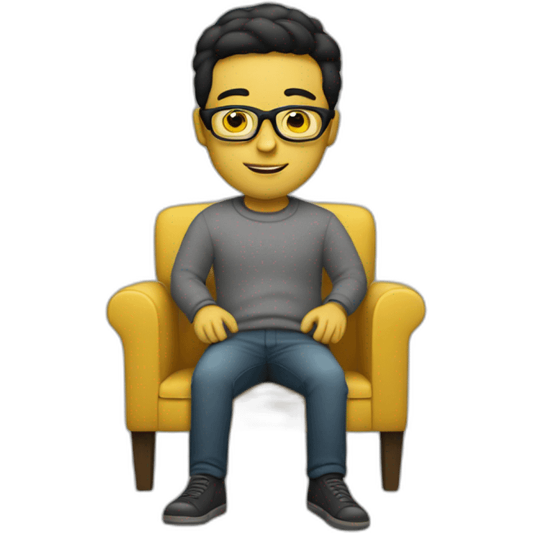 White man with yellow tinted glasses and black hair in a gray jumper and sitting on a chair emoji