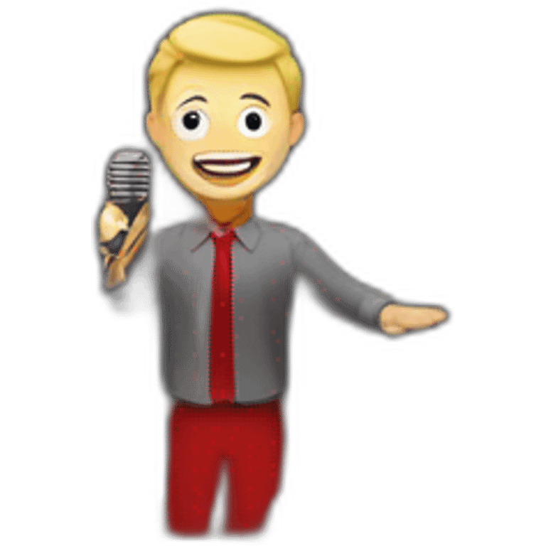 white light skin man person standing in a theater with red curtains standing on elevated stage holding a microphone smiling with light hair emoji