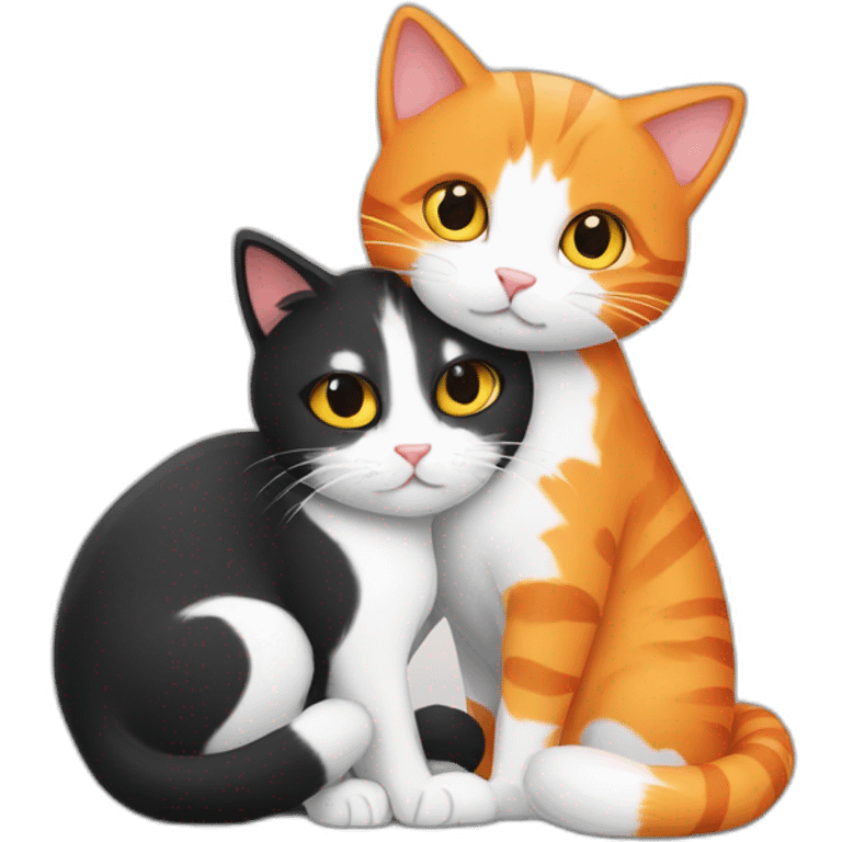 An orange cat and a black and white cat hugging emoji