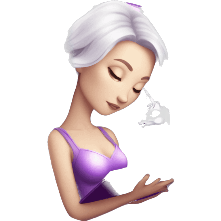 white skinned woman with magic book and unicorn in purple magic sphere emoji