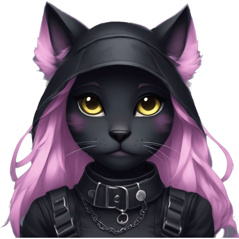 Gorgeous gothic dark techwear anime style anthro black cat furry with blushing face aesthetic and pretty edgy black with collar and harness trending style emoji