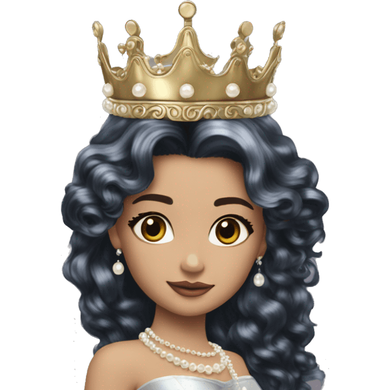 Regal pretty woman defined cheekbones crown vintage with very long iridescent black and silver hair wavy black hair pearl crown iridescent emoji