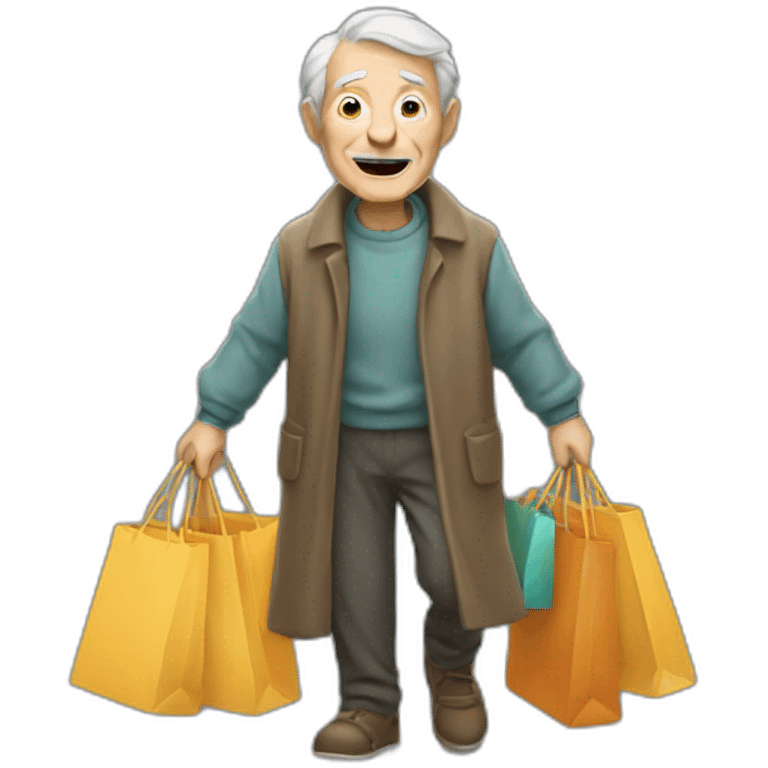 Old man with a walking stick and a lot of shopping bags emoji