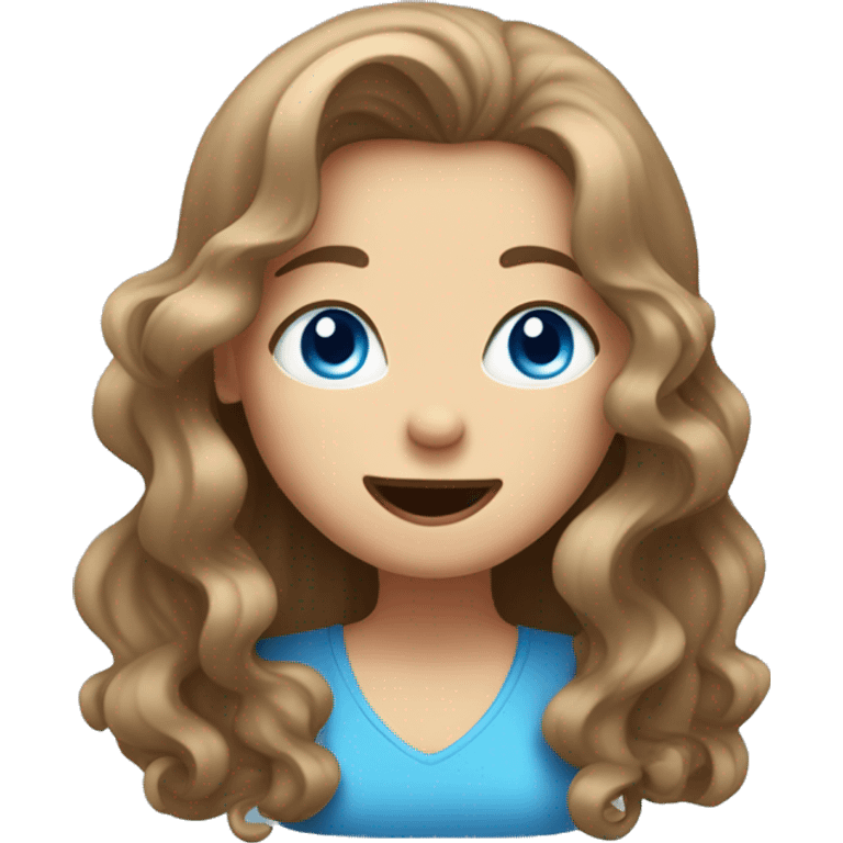 Girl with wavy light brown hair and blue eyes sticking out her tongue in a fun way emoji