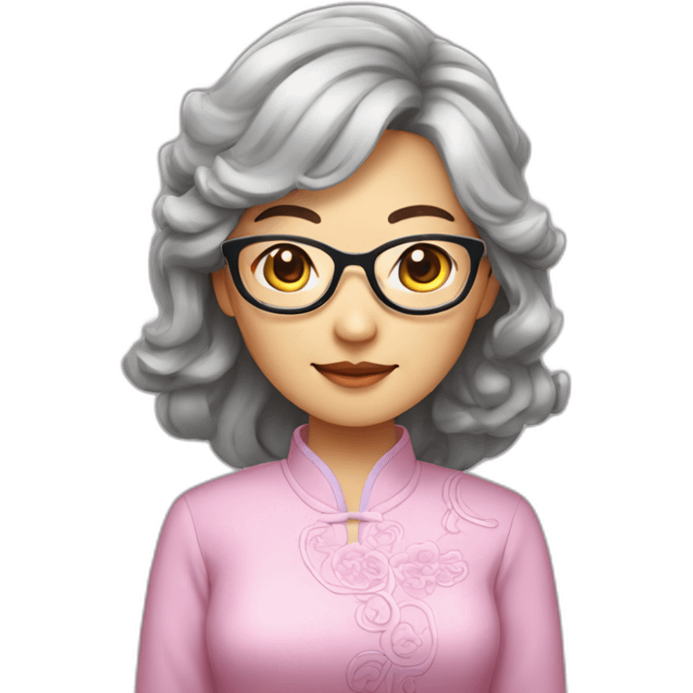 Chinese lady with like Lai gray hair wavy hair to the shoulder length where Chinese dress colourful dress wear glasses emoji