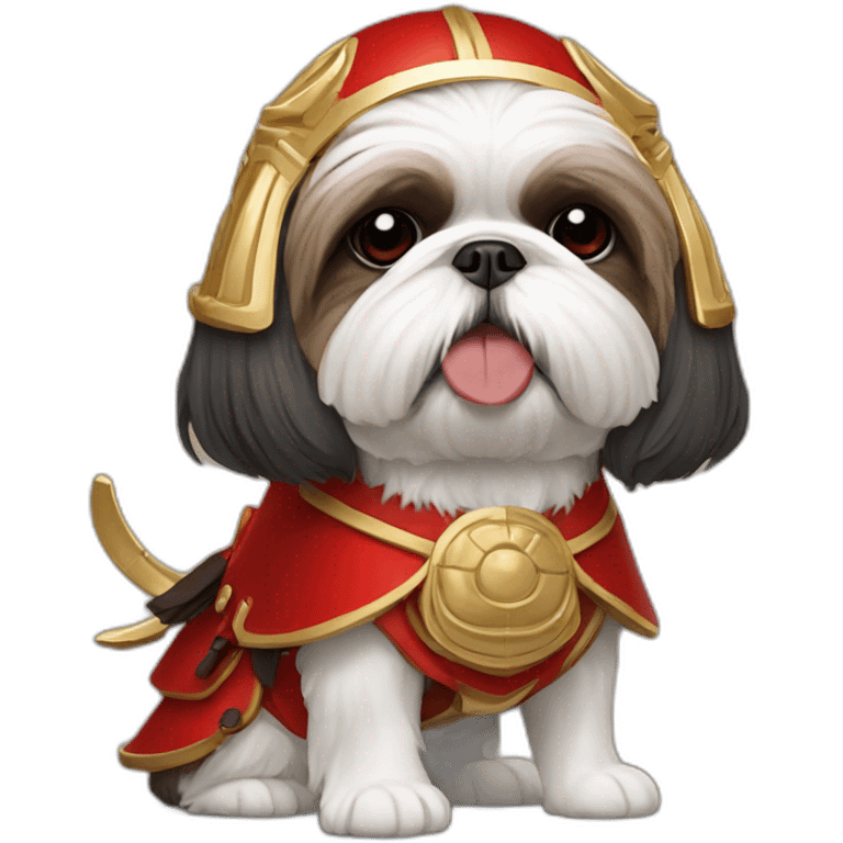 shih tzu wearing red samurai helmet with gold beetle horns emoji