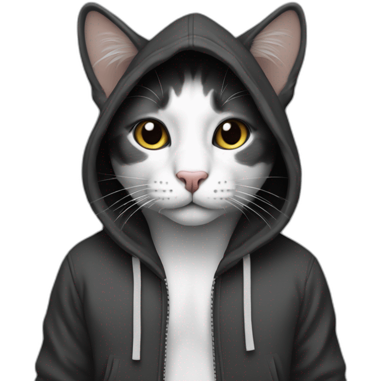 Cat who is black and white wearing hoodie emoji