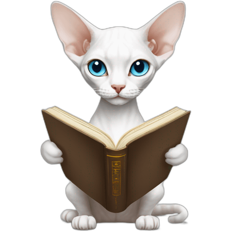 Slim white devon rex with light blue eyes reading book emoji