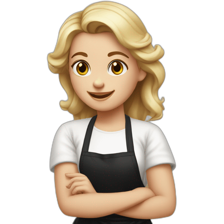 Slavic girl in a white T-shirt and black apron waves her right hand and smiles emoji