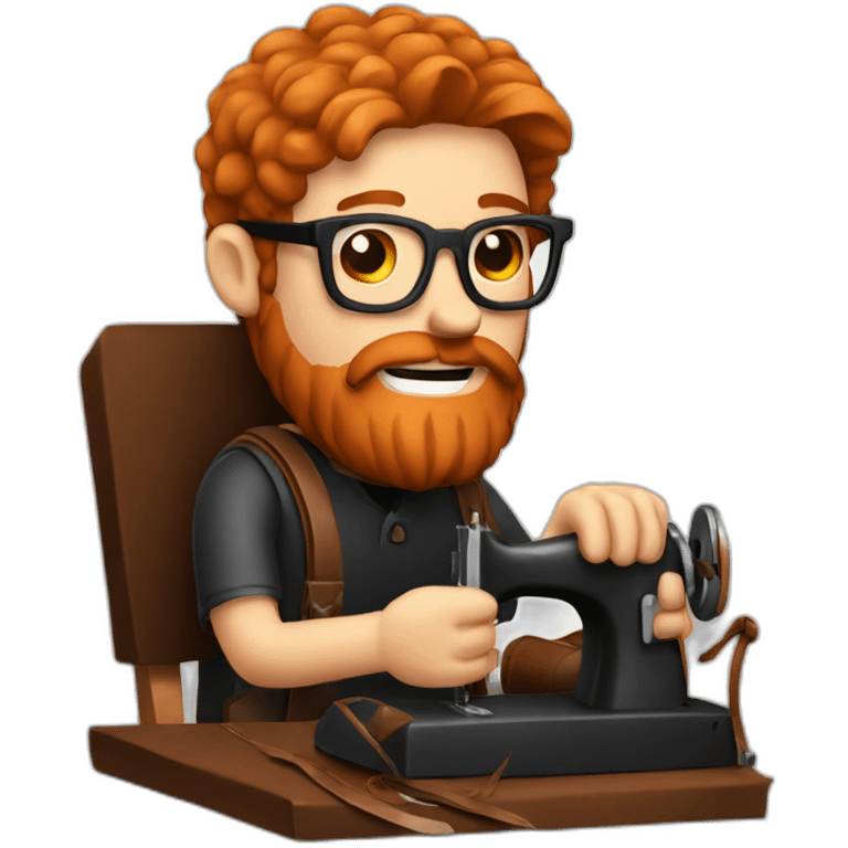 Red haired man with beard and glasses hand sewing a leather saddle emoji