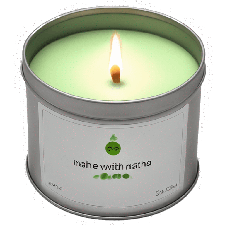 realistic short lit matcha candle, silver tin, small plain white label with black text emoji