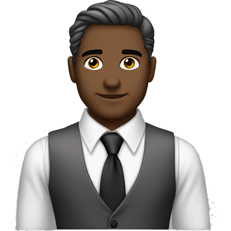 cabello blanco, ojos blancos, piel pálida, corbata negra, camisa de vestir gris, con chaleco negro, aro de ángel negro, cejas bonitas  emoji