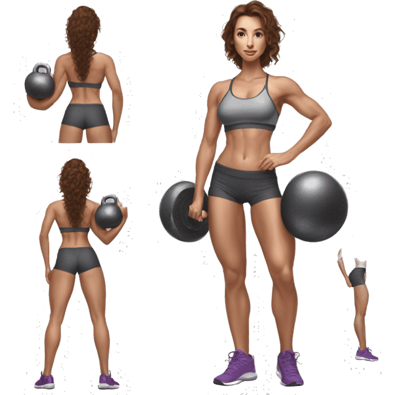 Hyperrealistic pencil drawing of athletic sexy girl with brown hair with kettlebell emoji