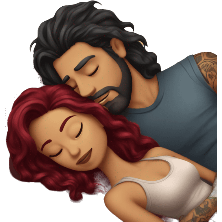 Beautiful tattooed burgundy long haired woman laying on the boyfriends chest emoji