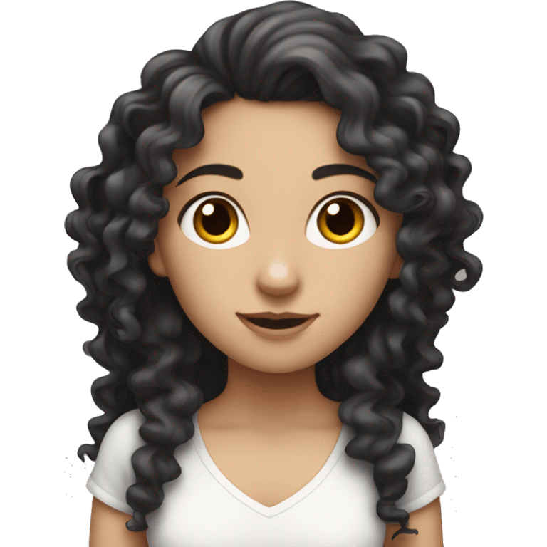 white girl with long black curly hair holding a brisk emoji