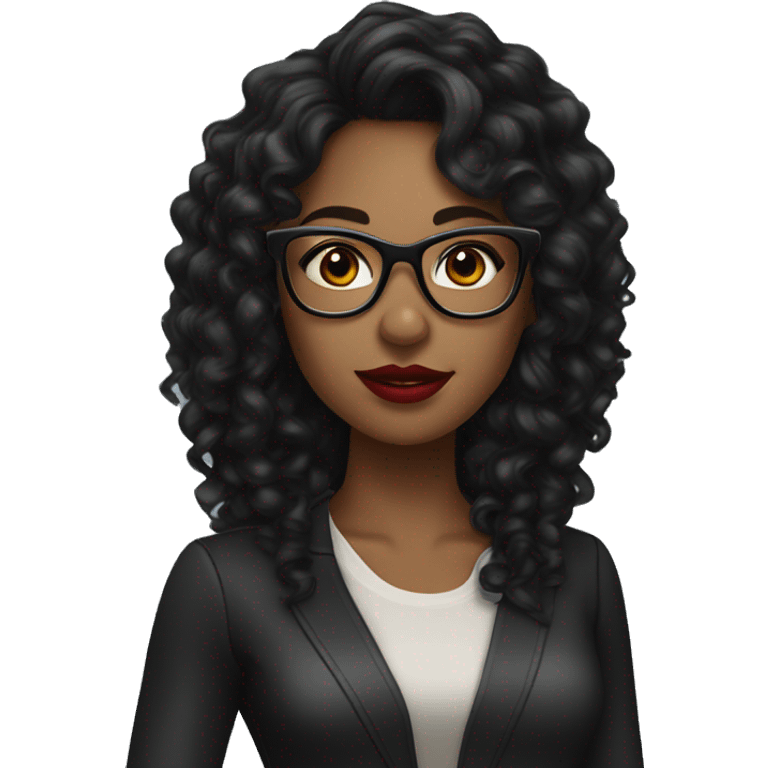 woman dark tan skin with long black curly hair, red lipstick wearing eyeglass emoji