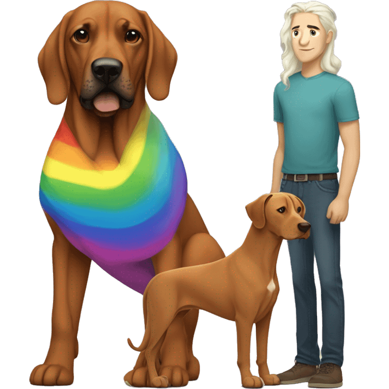 white male with long rainbow colored hair standing alongside a brown rhodesian ridgeback emoji