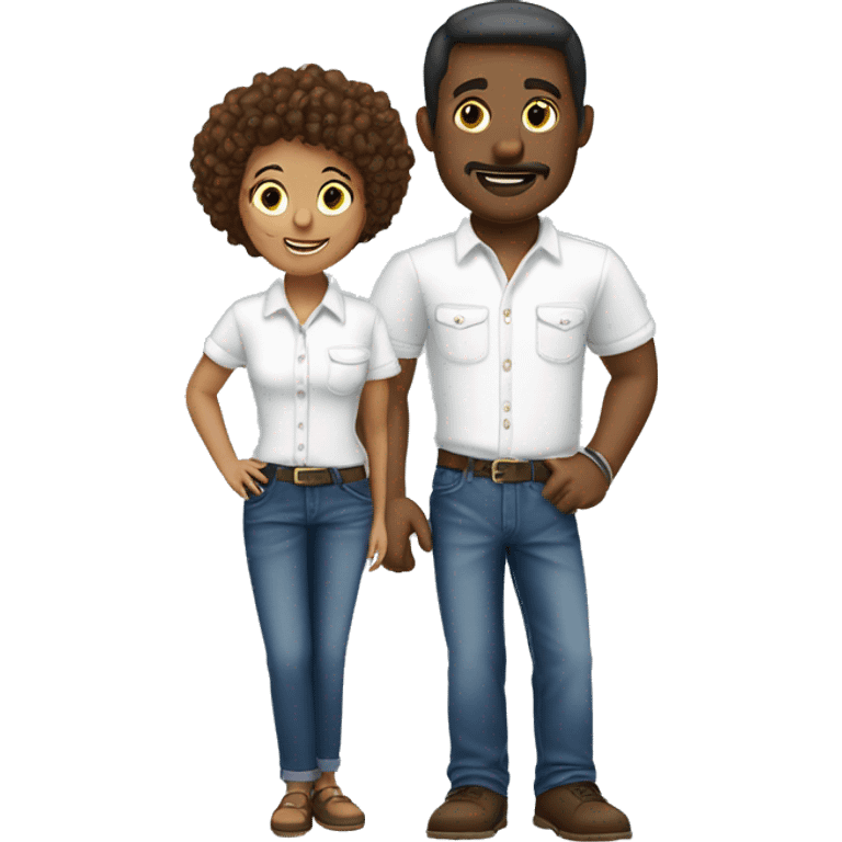 denim duo in white shirts for African American man and wife with 3 kids boy 10 years and girl 6 years and boy 1.5 years  emoji