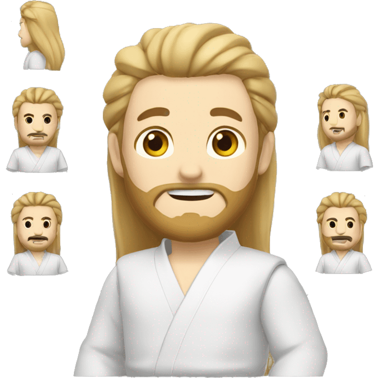 A man with long, light-colored hair tied back and a light-colored beard, wearing a karate gi, who does video editing emoji