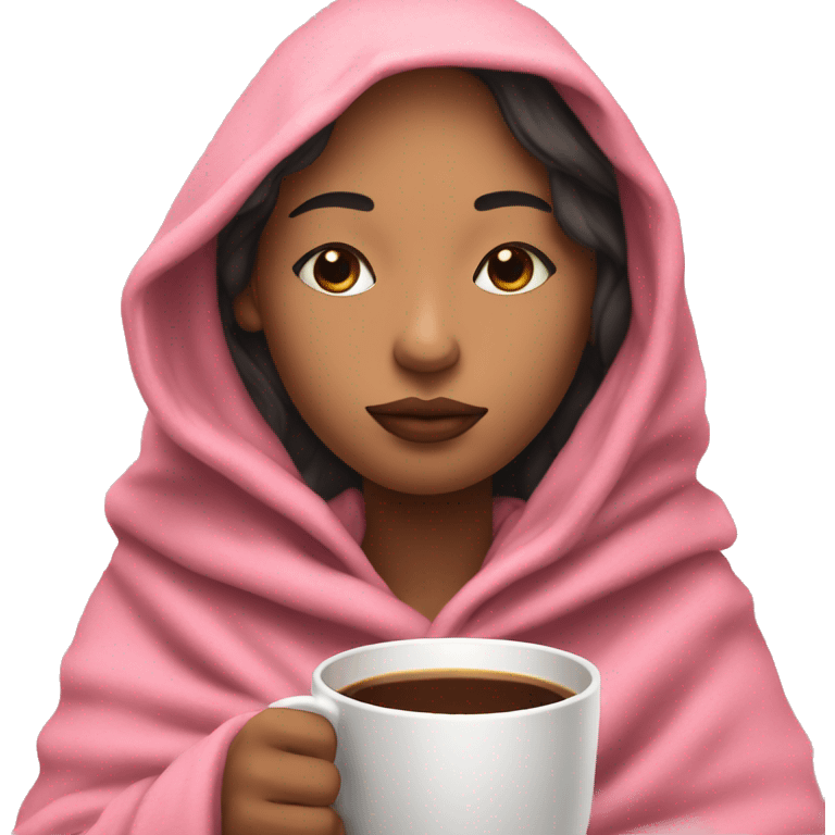 line drawing girl inside a pink blanket sipping coffee eyes closed emoji