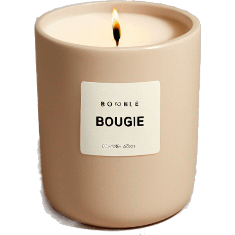 candle in a cream vessel that has a label That says bougie by Joëlle in clay color emoji