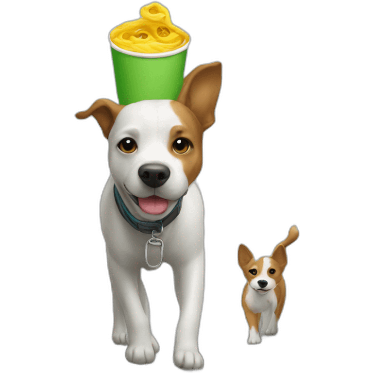 A cup on head of a dog who walk on road emoji