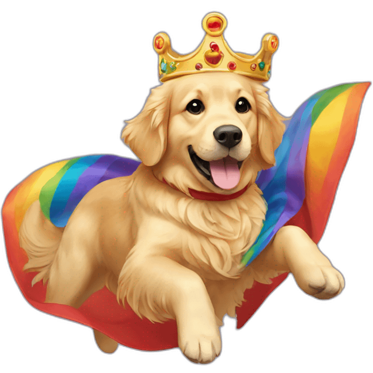 Golden retriever flying over rainbow wearing a cape and crown emoji