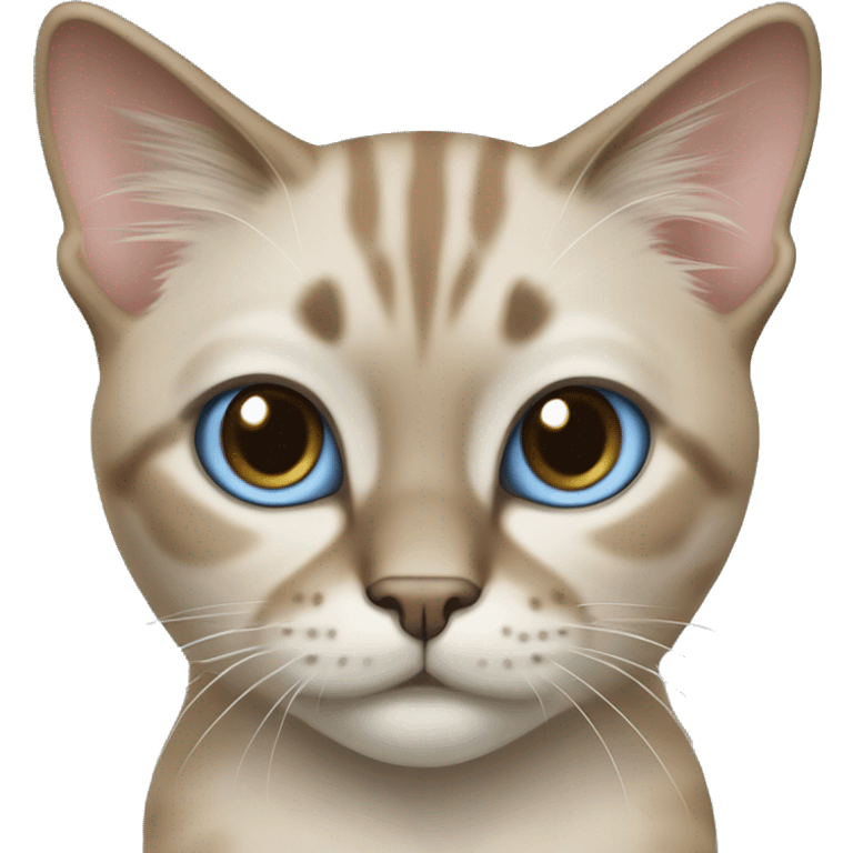 Thai breed cat with a light cream-brown body, dark gray nose and face, ears, and paws. sharp ears, and striking light blue eyes  emoji