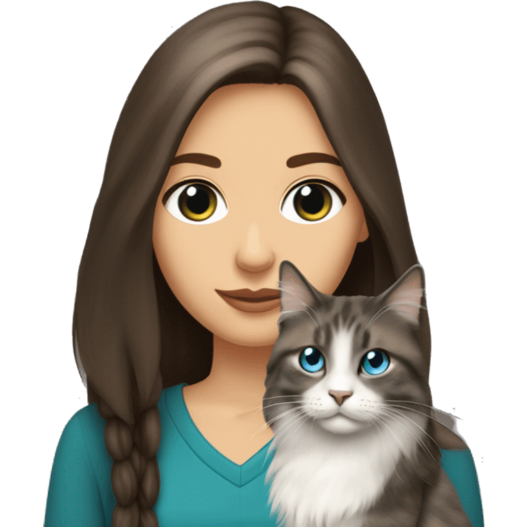 long straight haired blue eyed brunette woman holding norwegian forest cat with amber eyes emoji