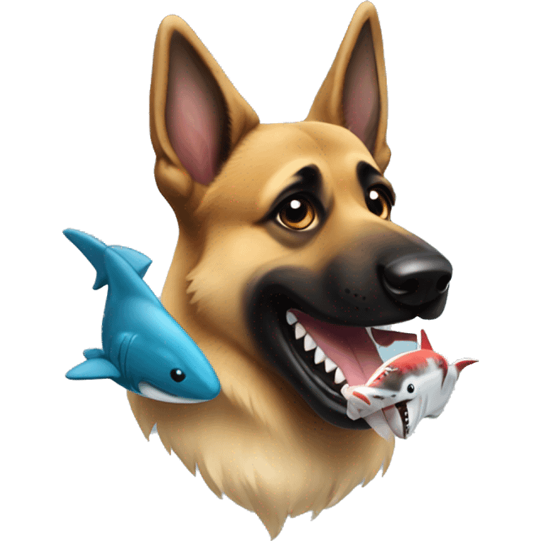 German shepherd with a toy shark emoji