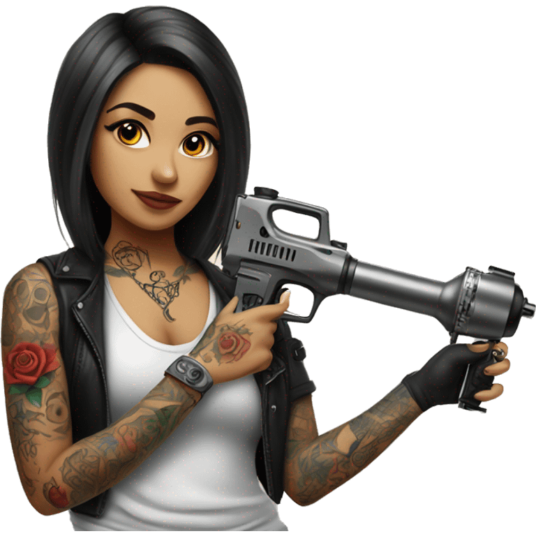 Tattoo artist with tattoo gun. The artist is Hispanic girl  emoji