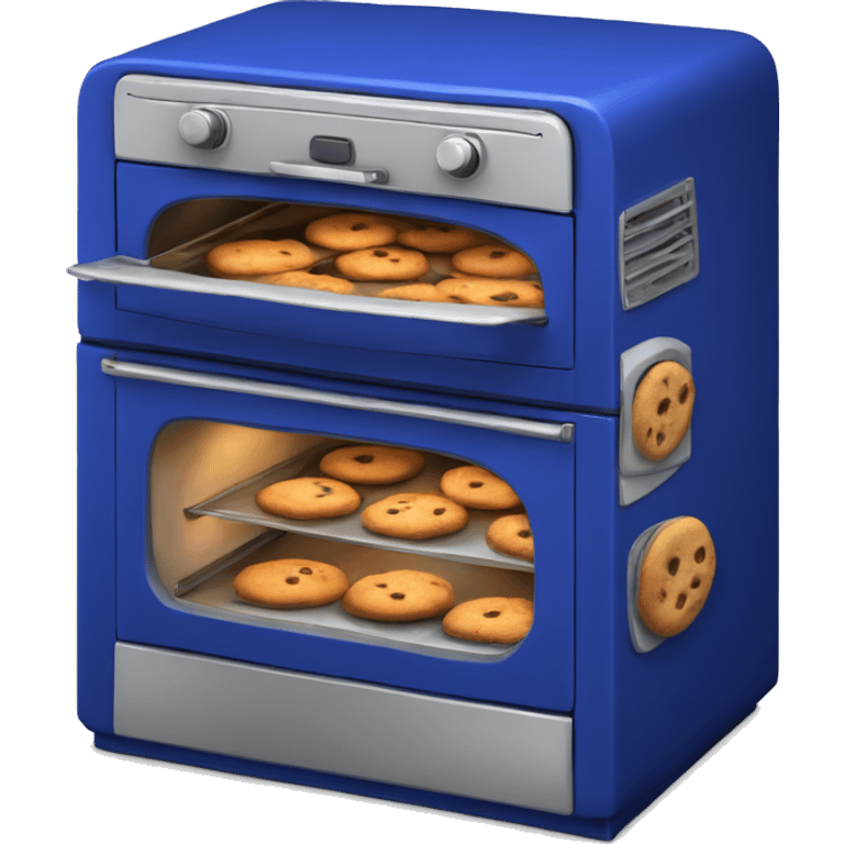 Realistic vintage  cobalt blue oven with cookies baking inside of it. emoji