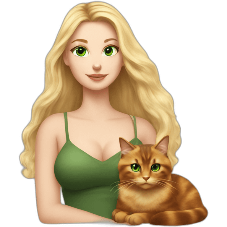 woman with green eyes and long blonde hair and big boobs is holding a very fluffy and fat tortoiseshell cat emoji