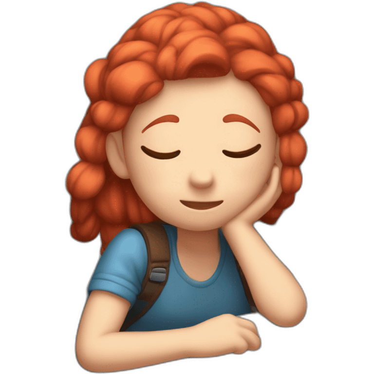 red-haired skinny girl with pigtails sleeping soundly while her friends rock climb outside her window emoji