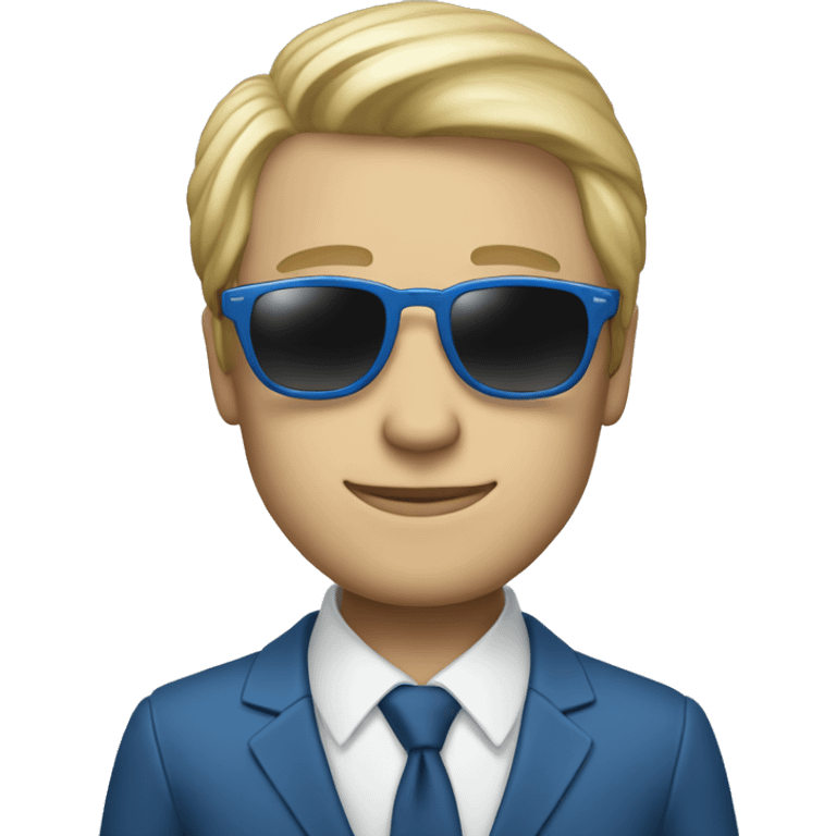 A man with sunglasses  a blue suit and a white skin color and peace vingers emoji