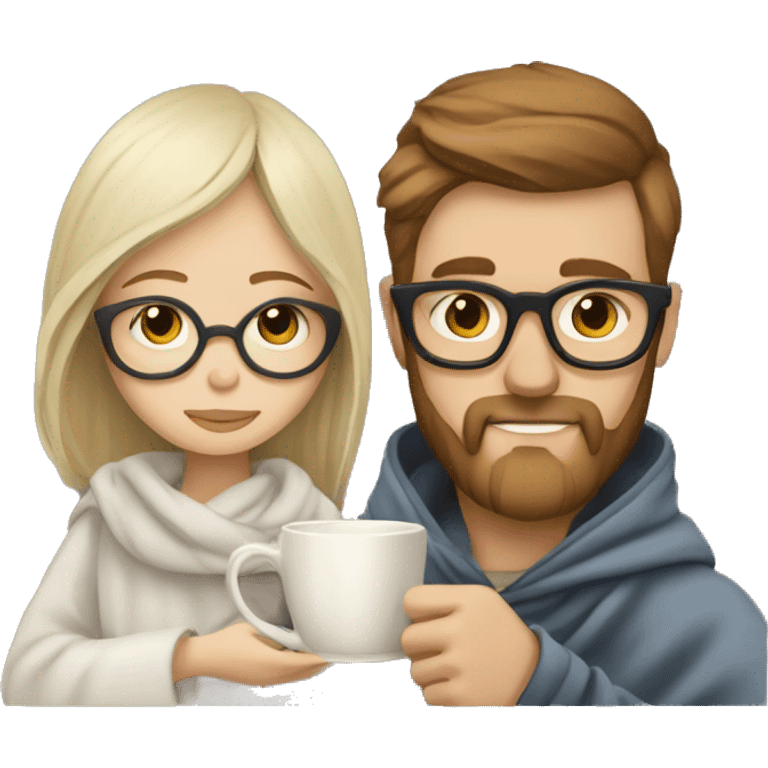 Pale blonde girl wearing glasses and bearded brown haired man drinking tea under blanket emoji