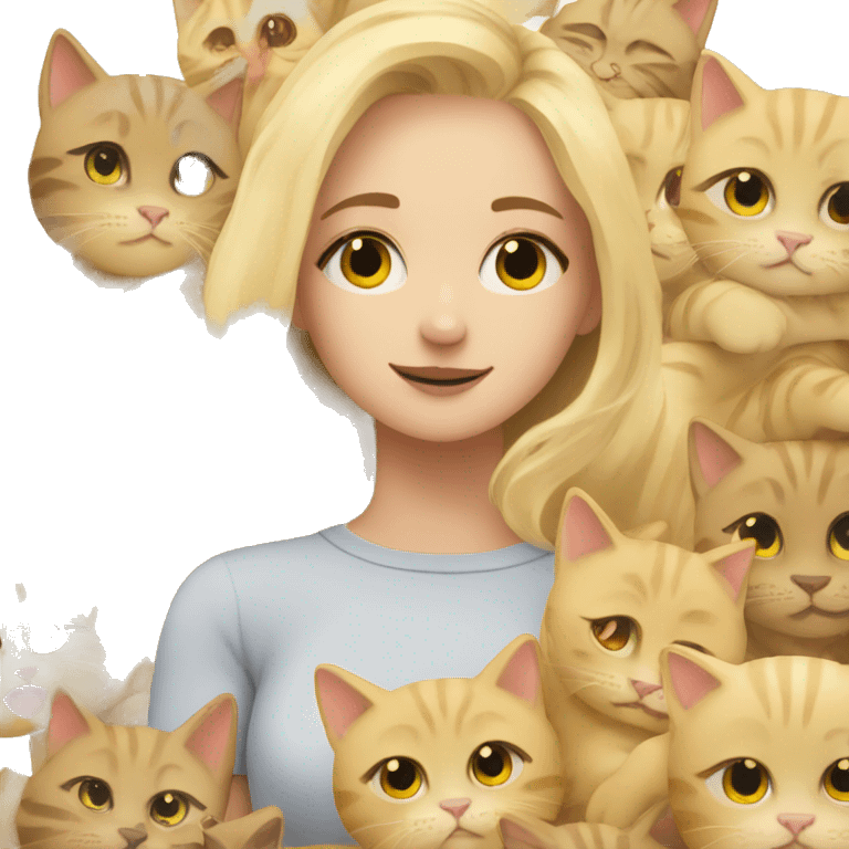 blonde girl cuddling with a lot of cats emoji emoji