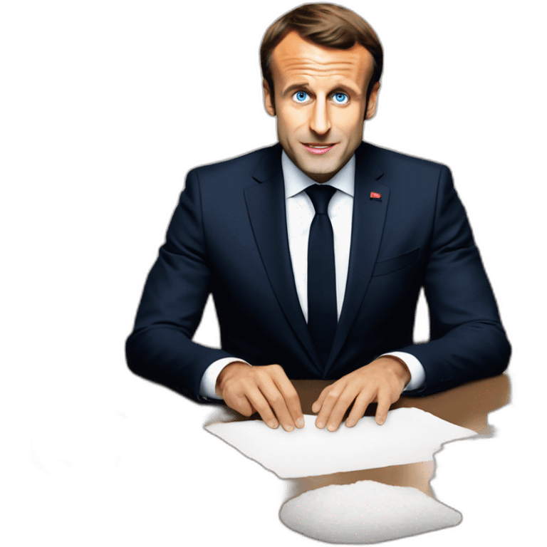 Emmanuel Macron in front of his desk, he has a little flour on his nose, there is a pile of white flour on the desk, and his taste buds are dilated emoji