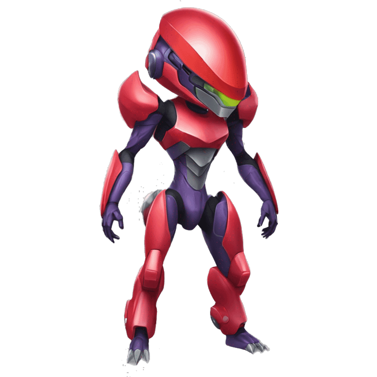 a shiny red Genesect-Raptor-Fakémon—hybrid with a futuristic visor-helmet full body emoji