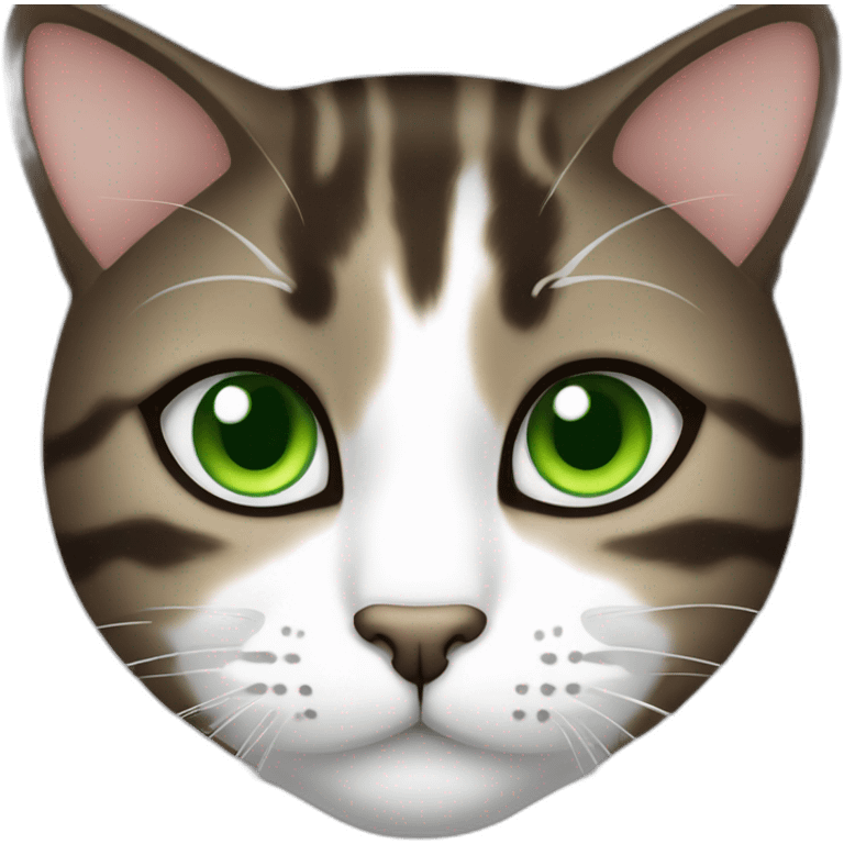 Dark Brown and white tabby cat with green eyes emoji