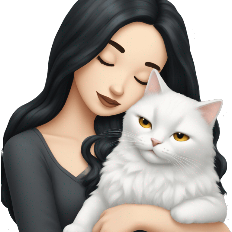 A pretty white girl with very long black hair and sleeping curled up to a white cat  emoji