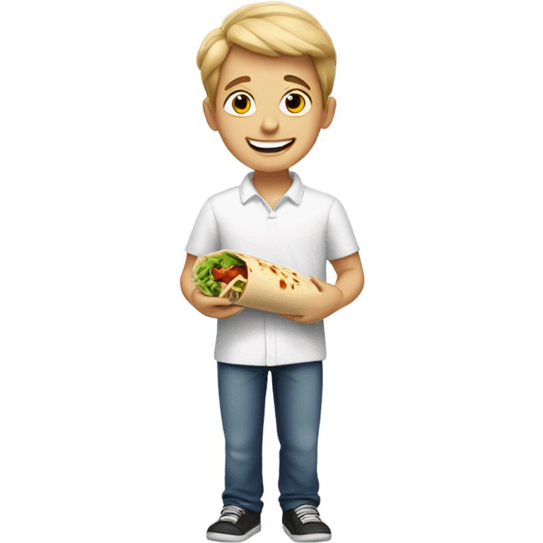 smiling boy in white shirt eating a burrito  emoji